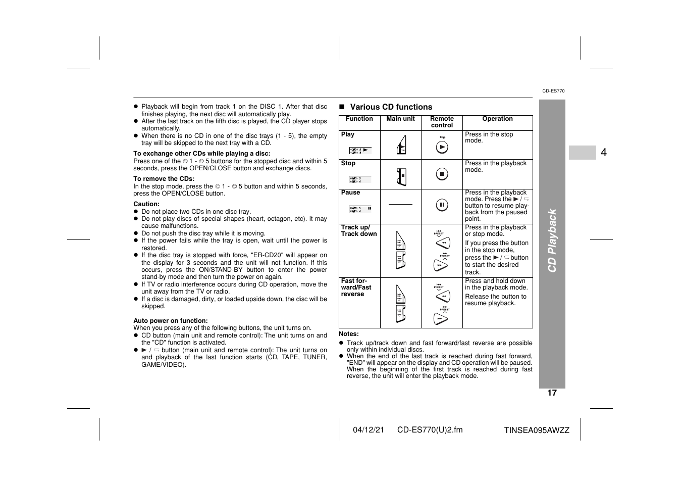 Cd playback | Sharp CP-ES770 User Manual | Page 17 / 36