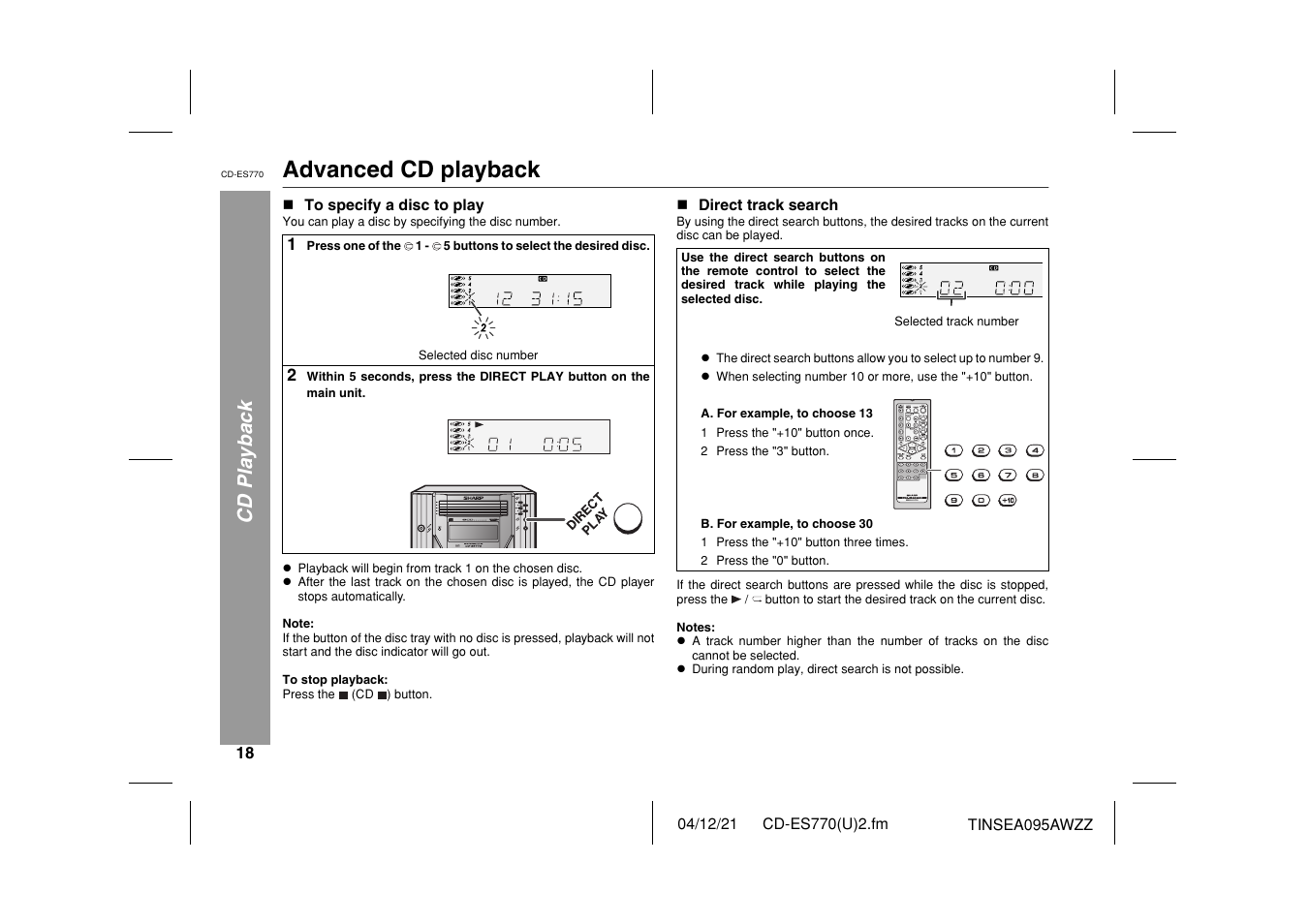 Advanced cd playback, Cd playback | Sharp CP-ES770 User Manual | Page 18 / 36