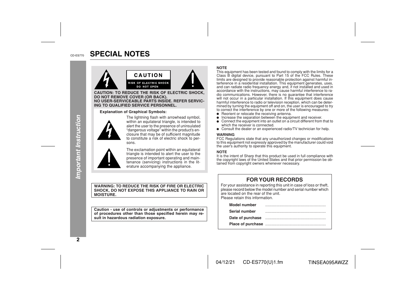 Important instruction | Sharp CP-ES770 User Manual | Page 2 / 36