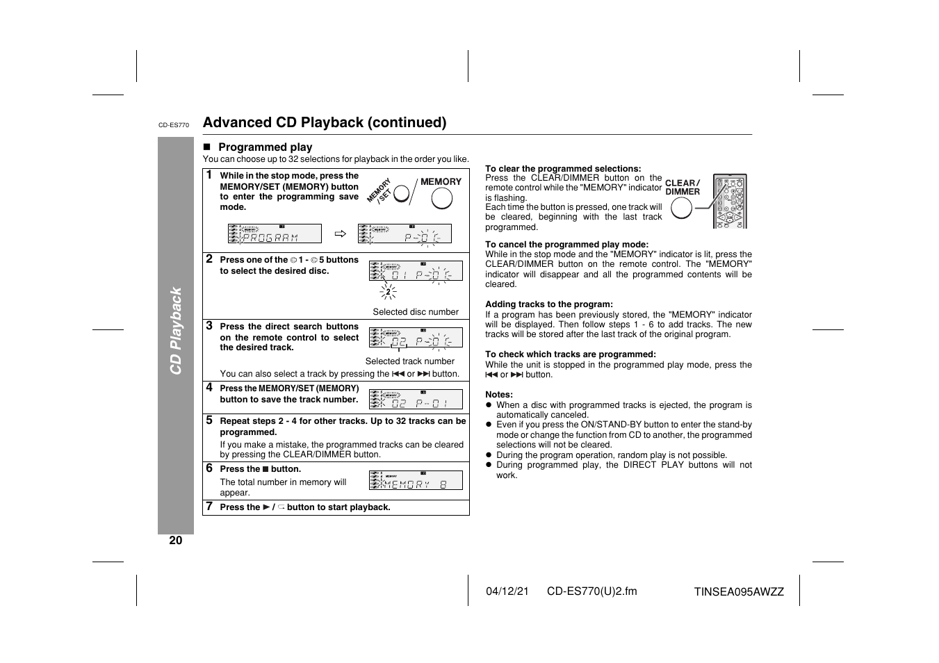 Cd playback, Advanced cd playback (continued) | Sharp CP-ES770 User Manual | Page 20 / 36