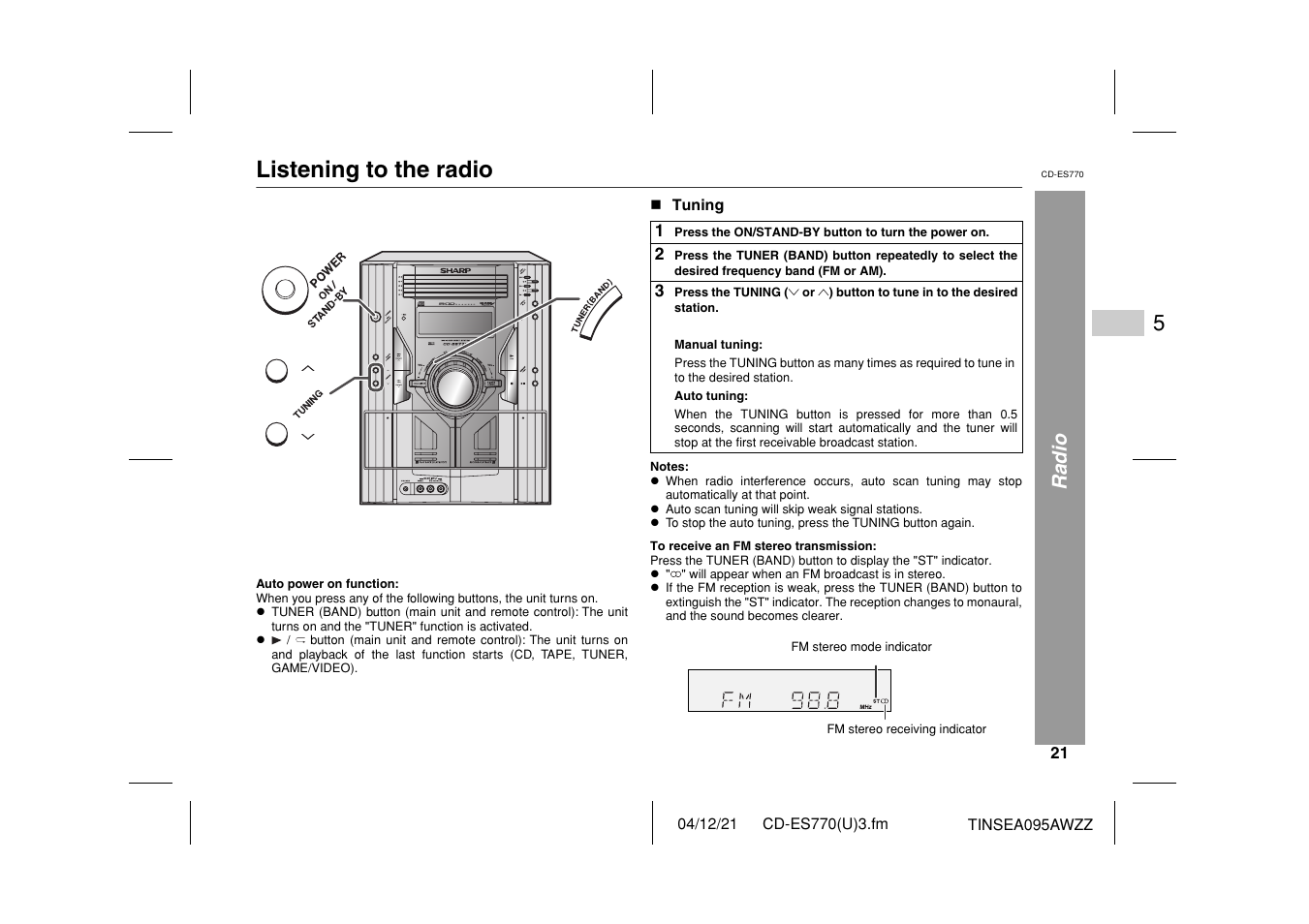 Listening to the radio, Radio | Sharp CP-ES770 User Manual | Page 21 / 36