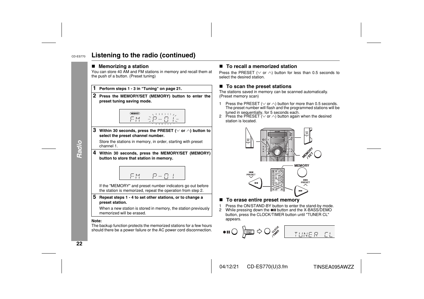 Radio, Listening to the radio (continued) | Sharp CP-ES770 User Manual | Page 22 / 36