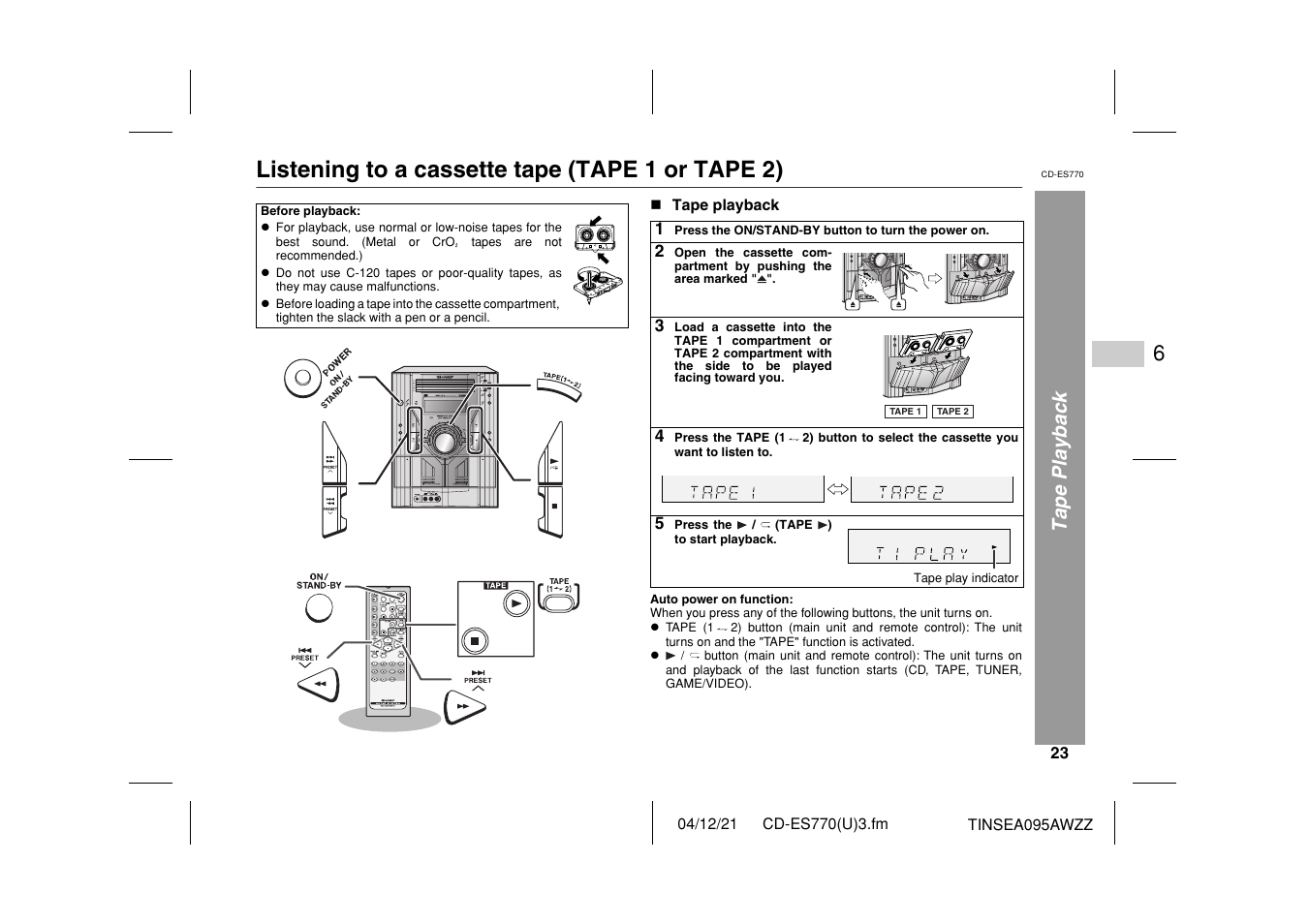 Listening to a cassette tape (tape 1 or tape 2), Tape playback | Sharp CP-ES770 User Manual | Page 23 / 36