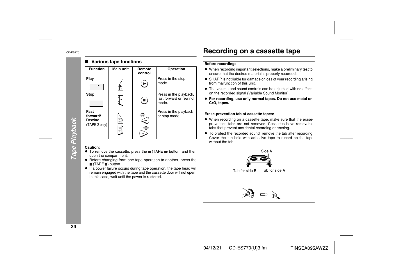 Recording on a cassette tape, Tape playback | Sharp CP-ES770 User Manual | Page 24 / 36