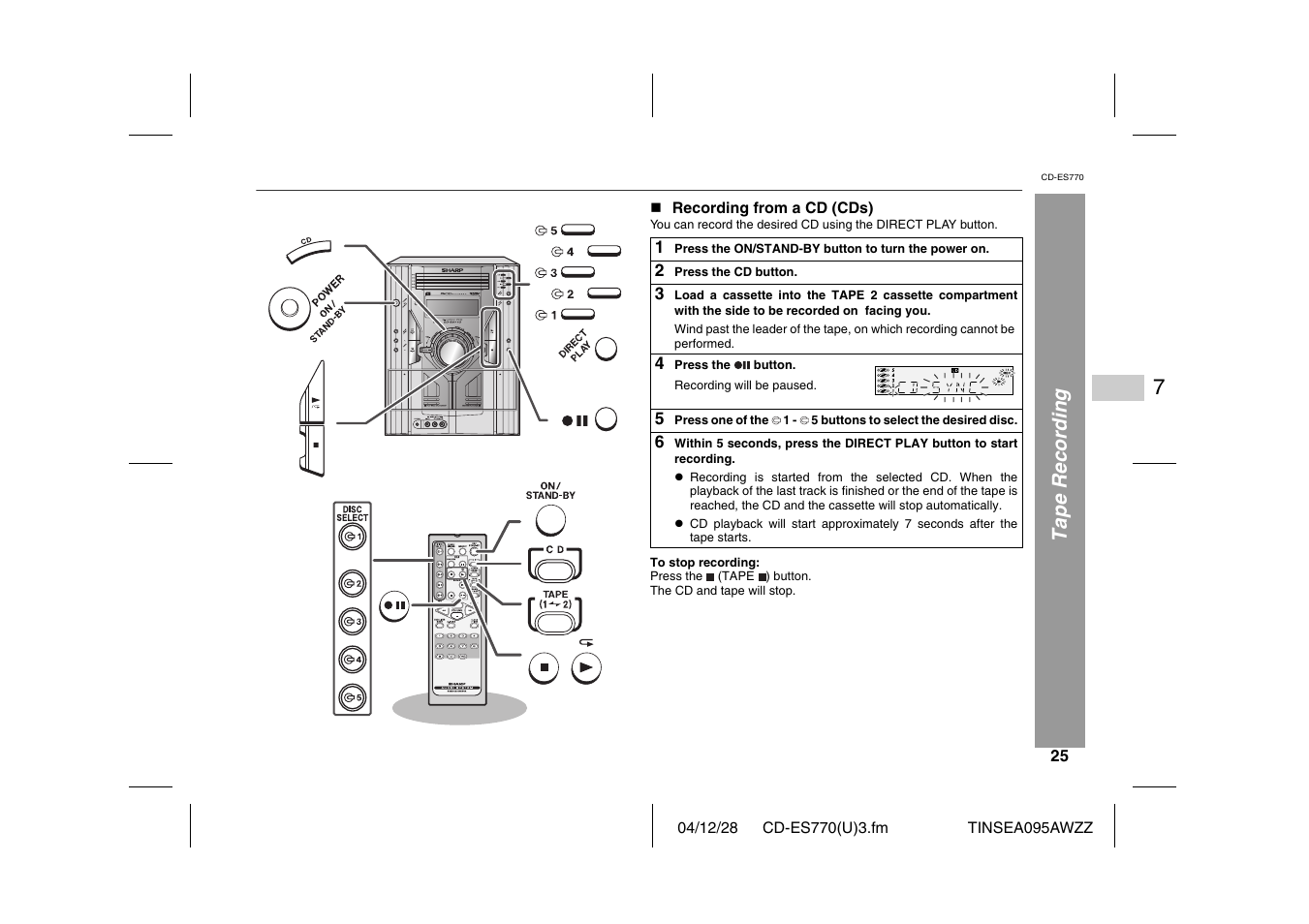 Tape recording | Sharp CP-ES770 User Manual | Page 25 / 36