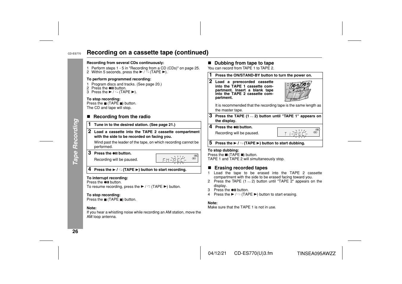 Tape recording, Recording on a cassette tape (continued) | Sharp CP-ES770 User Manual | Page 26 / 36