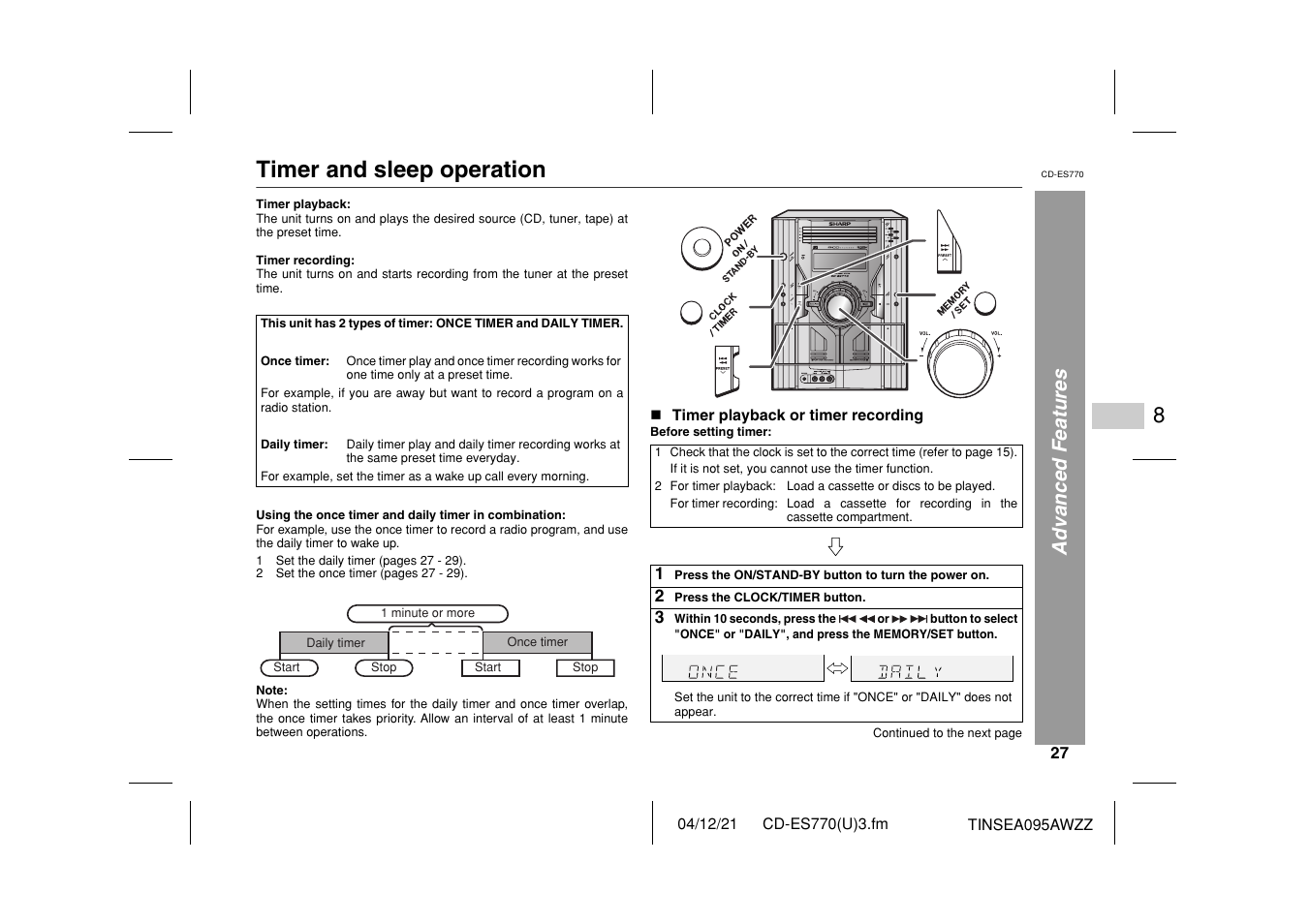 Timer and sleep operation, Advanced features | Sharp CP-ES770 User Manual | Page 27 / 36