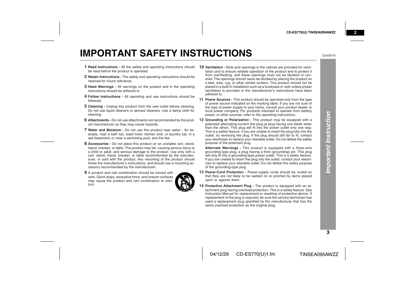 Important safety instructions, Important instruction | Sharp CP-ES770 User Manual | Page 3 / 36
