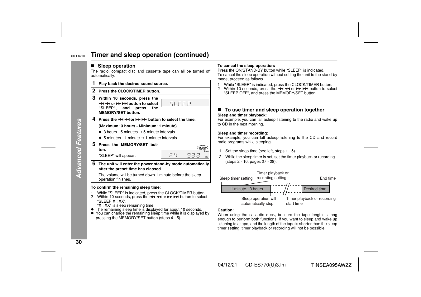 Advanced features, Timer and sleep operation (continued) | Sharp CP-ES770 User Manual | Page 30 / 36