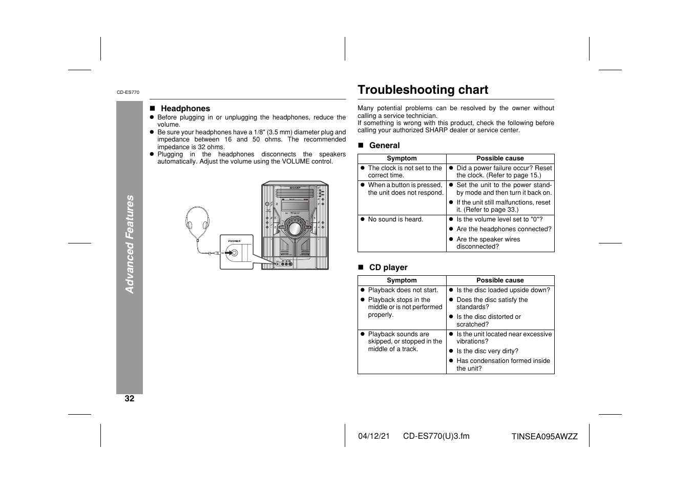 Troubleshooting chart, Advanced features | Sharp CP-ES770 User Manual | Page 32 / 36