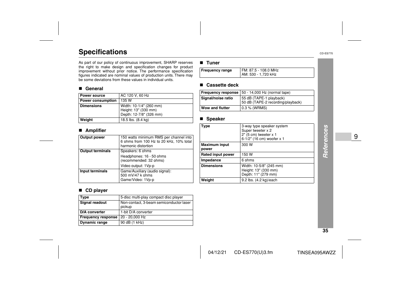 Specifications, References | Sharp CP-ES770 User Manual | Page 35 / 36