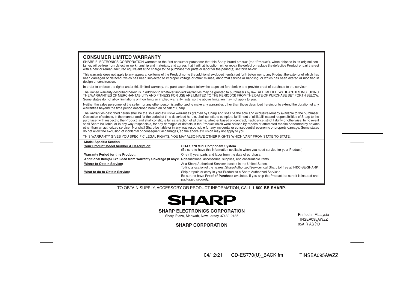 Sharp CP-ES770 User Manual | Page 36 / 36