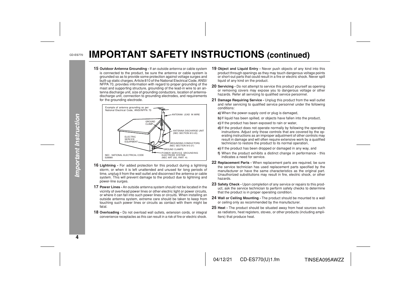 Important safety instructions, Continued), Important instruction | Sharp CP-ES770 User Manual | Page 4 / 36