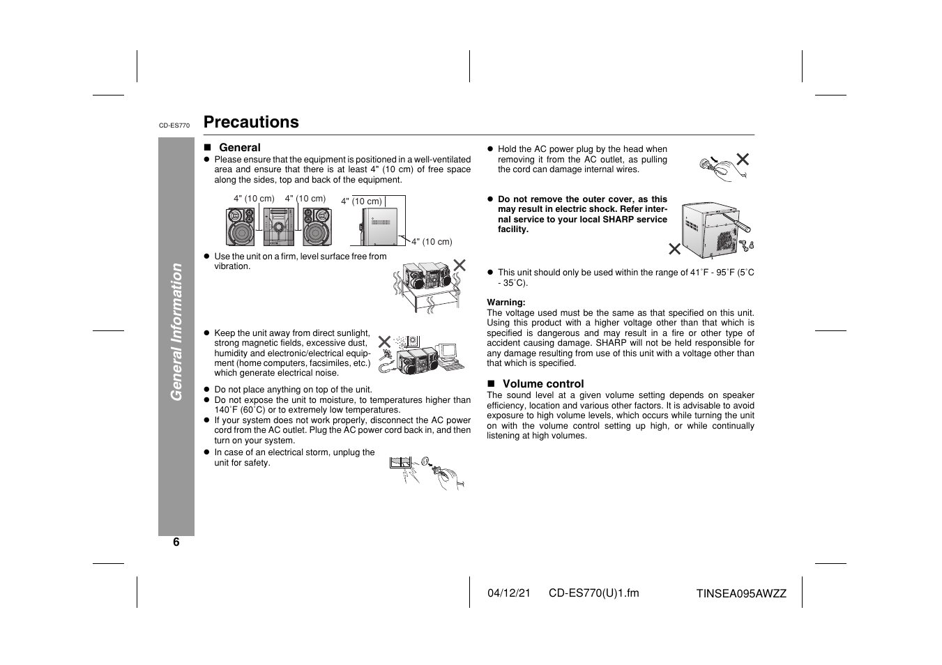 Precautions, General information | Sharp CP-ES770 User Manual | Page 6 / 36