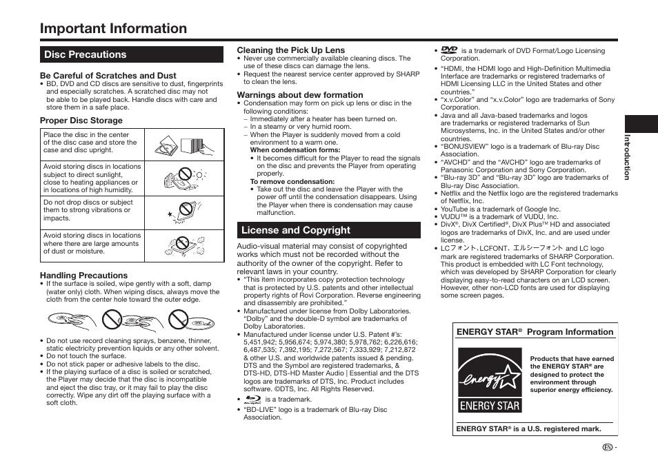 Important information, Disc precautions, License and copyright | Sharp BD-HP25U User Manual | Page 15 / 72