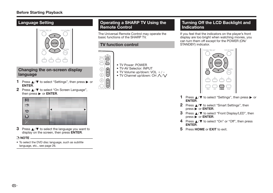 Operating a sharp tv using the remote control, Tv function control, Turning off the lcd backlight and indications | Sharp BD-HP25U User Manual | Page 24 / 72