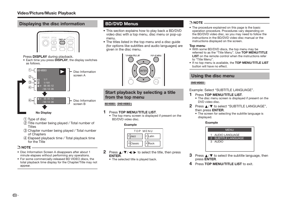 Displaying the disc information, Bd/dvd menus, Using the disc menu | Sharp BD-HP25U User Manual | Page 28 / 72