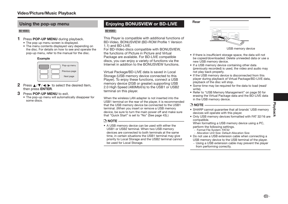 Using the pop-up menu, Enjoying bonusview or bd-live | Sharp BD-HP25U User Manual | Page 29 / 72