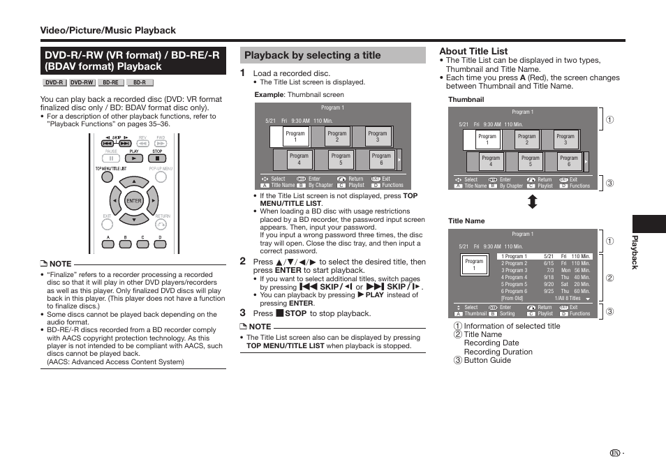 Playback by selecting a title 1, Video/picture/music playback, About title list | Sharp BD-HP25U User Manual | Page 31 / 72