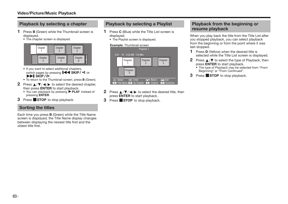 Playback by selecting a chapter 1, Sorting the titles, Playback by selecting a playlist 1 | Playback from the beginning or resume playback | Sharp BD-HP25U User Manual | Page 32 / 72