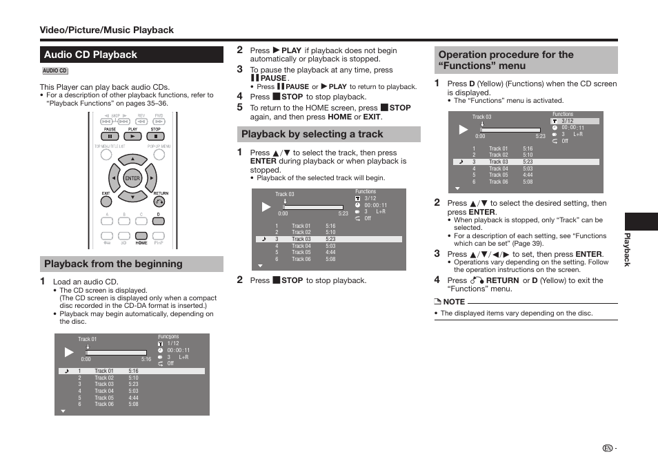 Audio cd playback, Playback from the beginning 1, Playback by selecting a track 1 | Operation procedure for the “functions” menu 1, Video/picture/music playback | Sharp BD-HP25U User Manual | Page 33 / 72