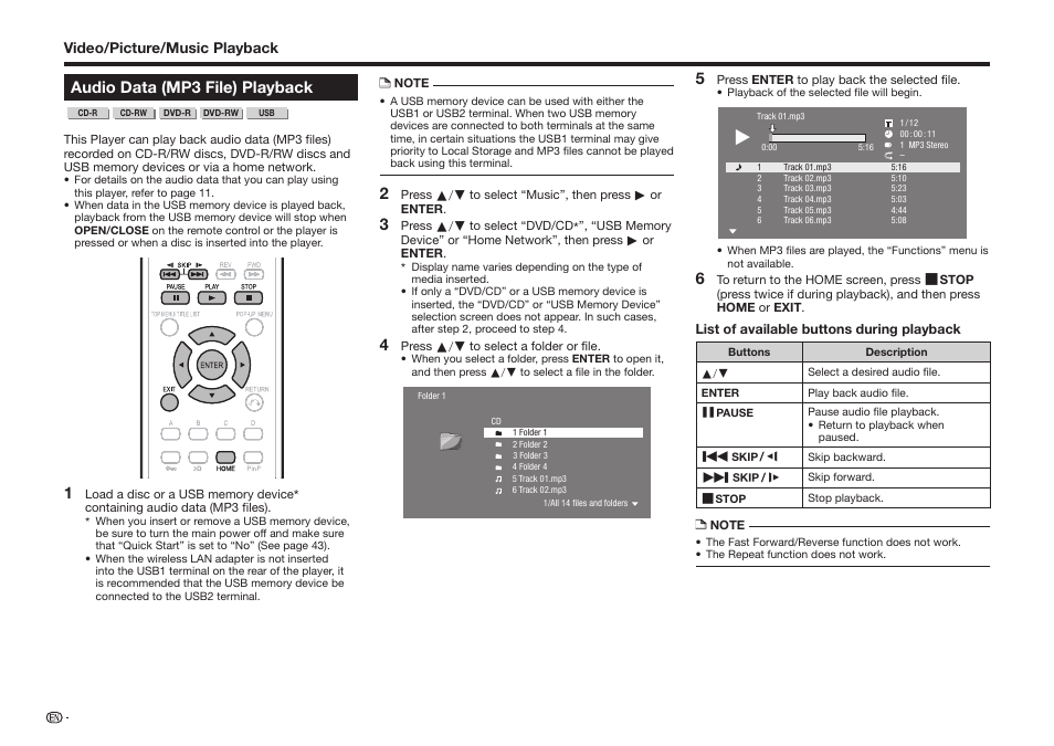 Audio data (mp3 file) playback | Sharp BD-HP25U User Manual | Page 34 / 72