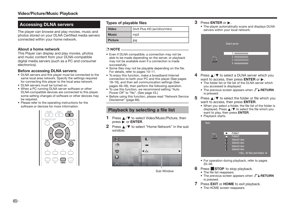 Accessing dlna servers, Playback by selecting a file list 1 | Sharp BD-HP25U User Manual | Page 36 / 72