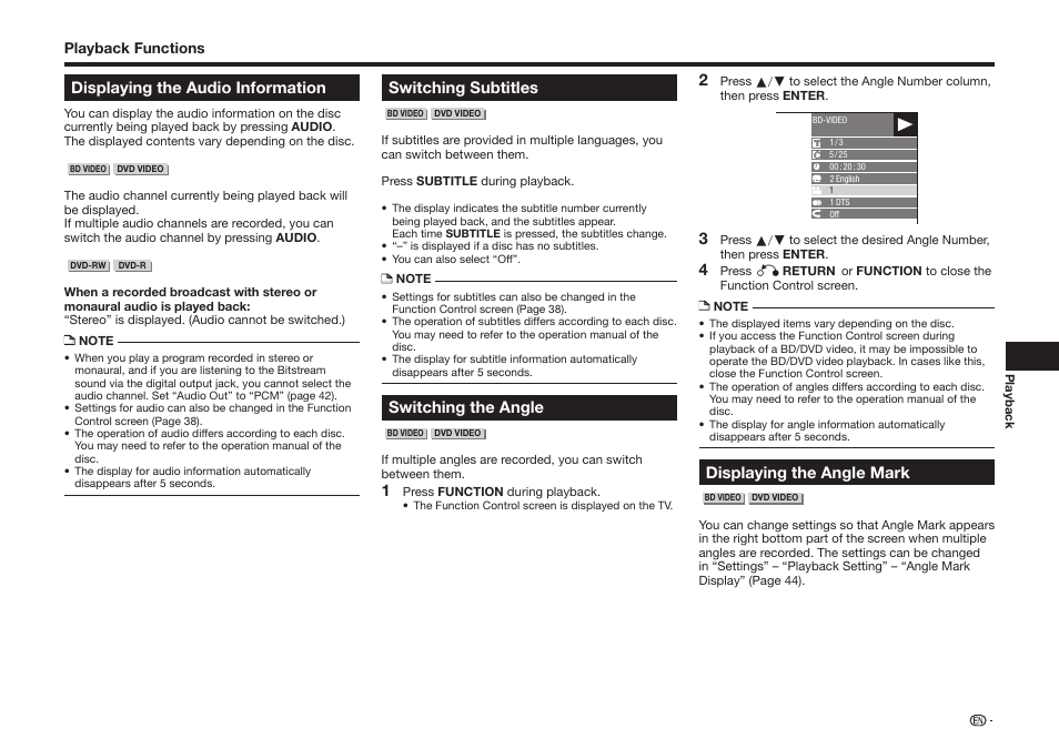 Displaying the audio information, Switching subtitles, Switching the angle | Displaying the angle mark | Sharp BD-HP25U User Manual | Page 39 / 72