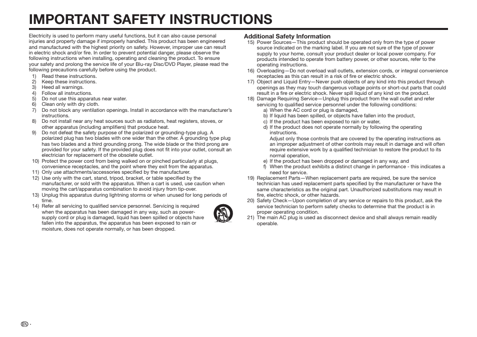 Important safety instructions | Sharp BD-HP25U User Manual | Page 4 / 72