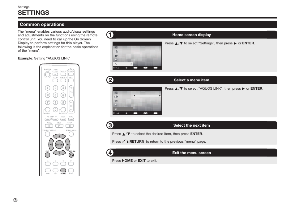 Settings, Common operations, Home screen display | Select a menu item, Select the next item, Exit the menu screen, Press home or exit to exit | Sharp BD-HP25U User Manual | Page 42 / 72