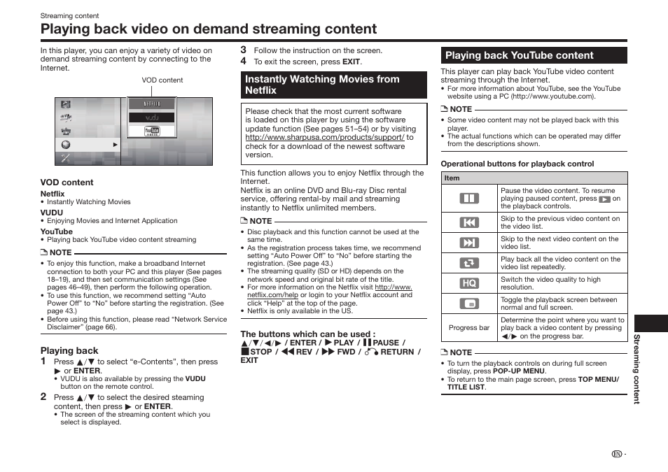 Playing back video on demand streaming content | Sharp BD-HP25U User Manual | Page 57 / 72