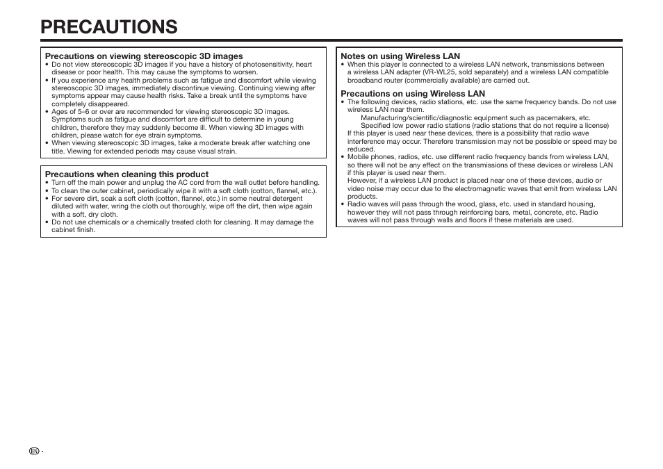 Precautions | Sharp BD-HP25U User Manual | Page 6 / 72