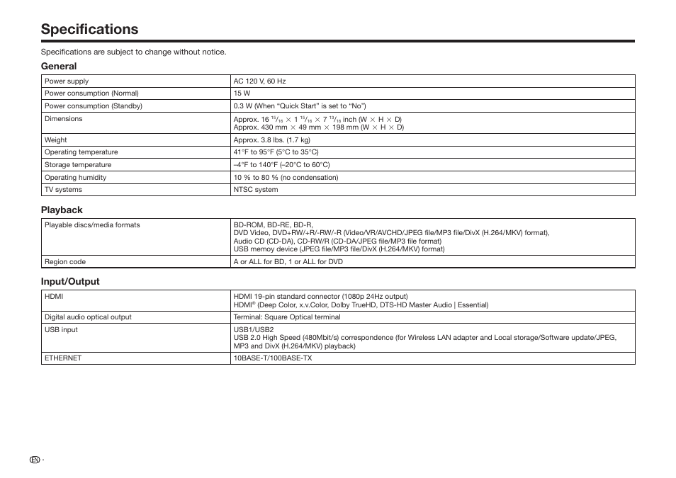 Specifications | Sharp BD-HP25U User Manual | Page 64 / 72