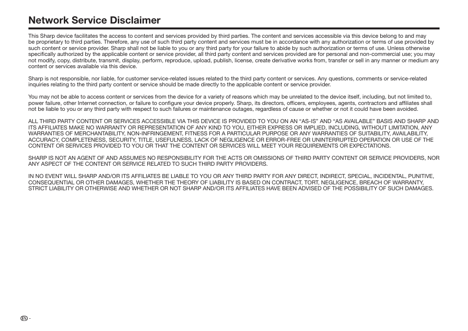 Network service disclaimer | Sharp BD-HP25U User Manual | Page 68 / 72