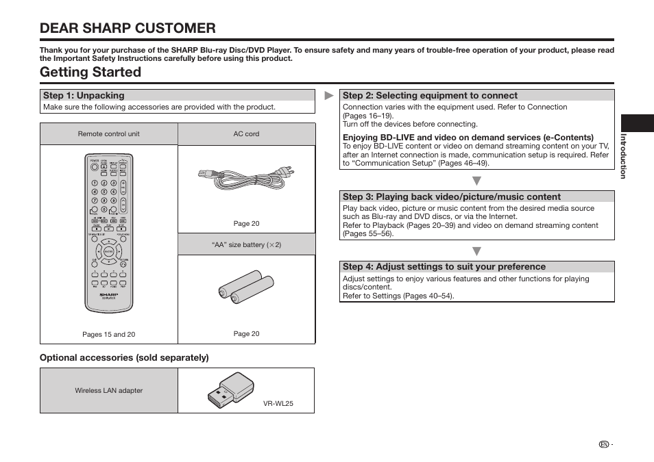 Dear sharp customer, Getting started | Sharp BD-HP25U User Manual | Page 7 / 72