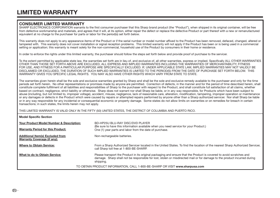 Limited warranty | Sharp BD-HP25U User Manual | Page 70 / 72