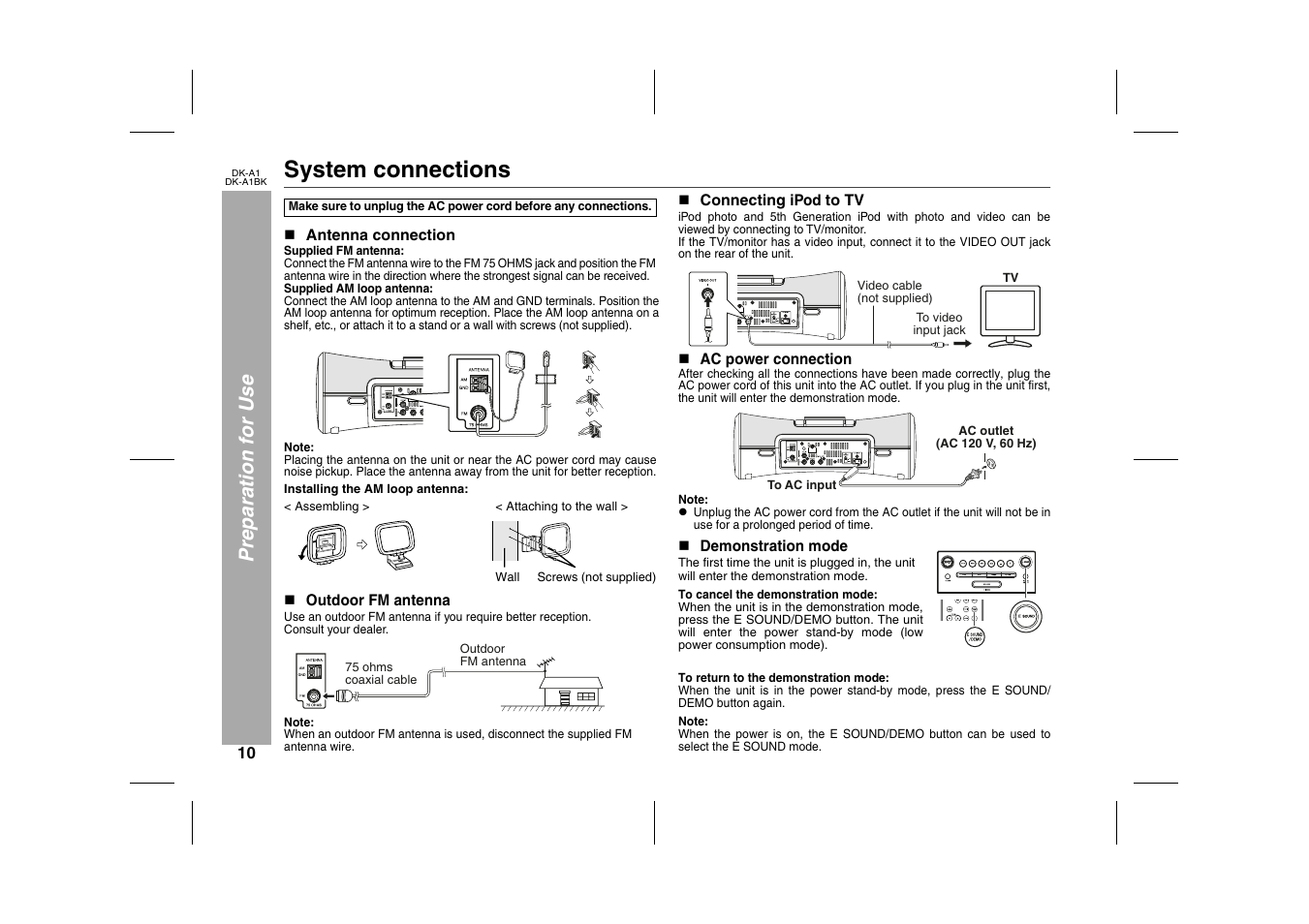 Preparation for use, System connections, Table | Table body, Table row, N antenna connection, Supplied fm antenna, Graphic, Assembling, Attaching to the wall | Sharp MUSIC SYSTEM DK-A1BK User Manual | Page 10 / 24