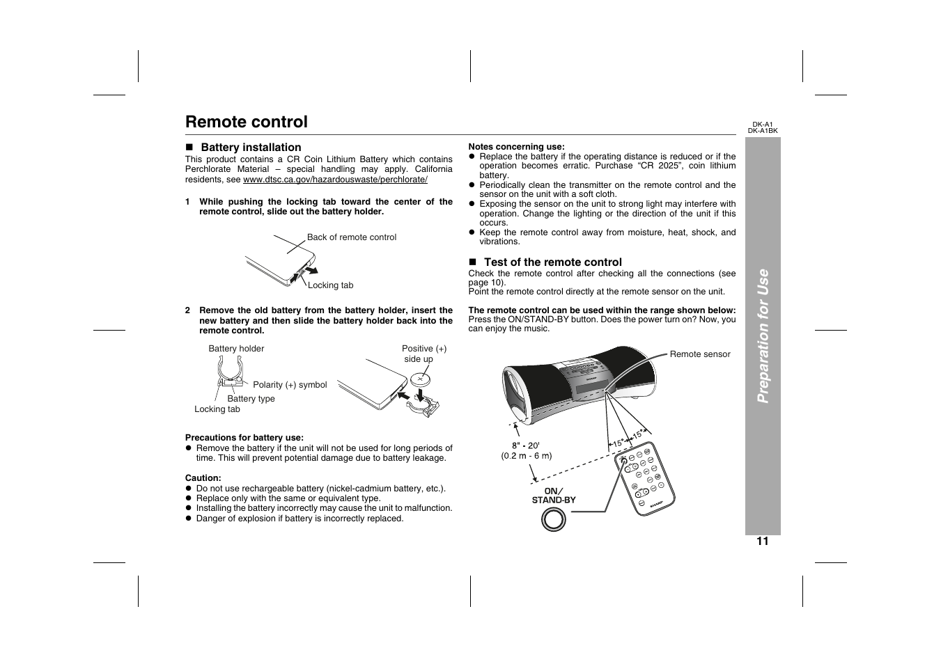 Preparation for use, Remote control, N battery installation | Table, Table body, Table row, N test of the remote control, Graphic | Sharp MUSIC SYSTEM DK-A1BK User Manual | Page 11 / 24