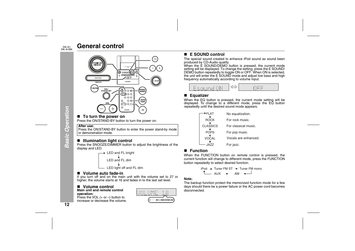 Basic operation, General control, Graphic | N to turn the power on, Press the on/stand-by button to turn the power on, Table, Table body, Table row, After use, N illumination light control | Sharp MUSIC SYSTEM DK-A1BK User Manual | Page 12 / 24