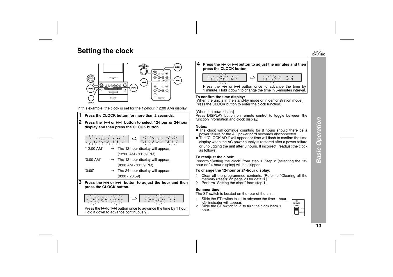 Basic operation, Setting the clock, Graphic | Table, Table body, Table row, 1 press the clock button for more than 2 seconds, 2 press the, 00 am, The 12-hour display will appear | Sharp MUSIC SYSTEM DK-A1BK User Manual | Page 13 / 24