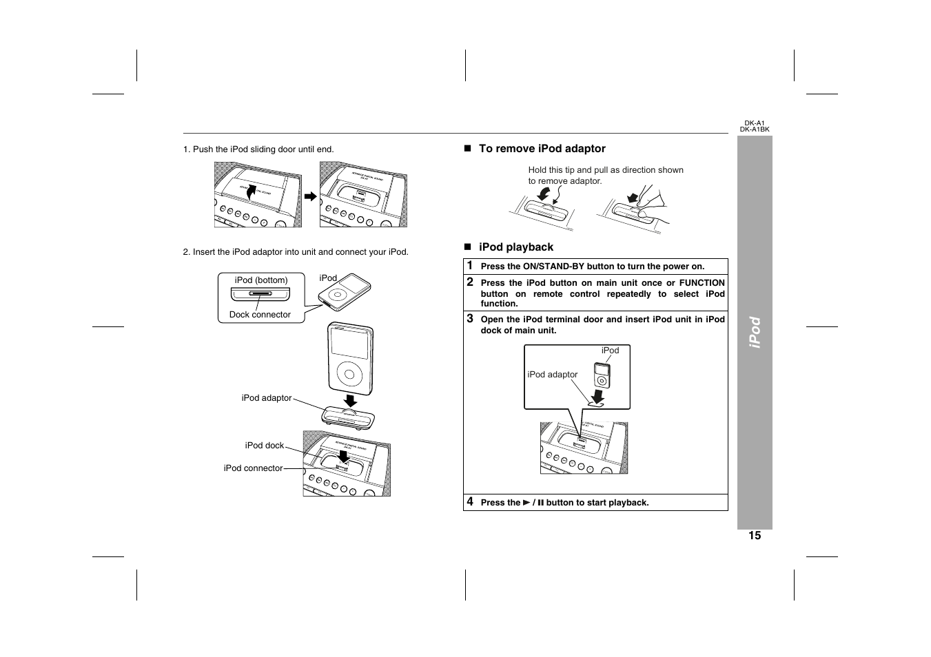 Ipod, Push the ipod sliding door until end, N to remove ipod adaptor | Graphic, N ipod playback, Table, Table body, Table row, 4 press the / button to start playback, 4 press the | Sharp MUSIC SYSTEM DK-A1BK User Manual | Page 15 / 24