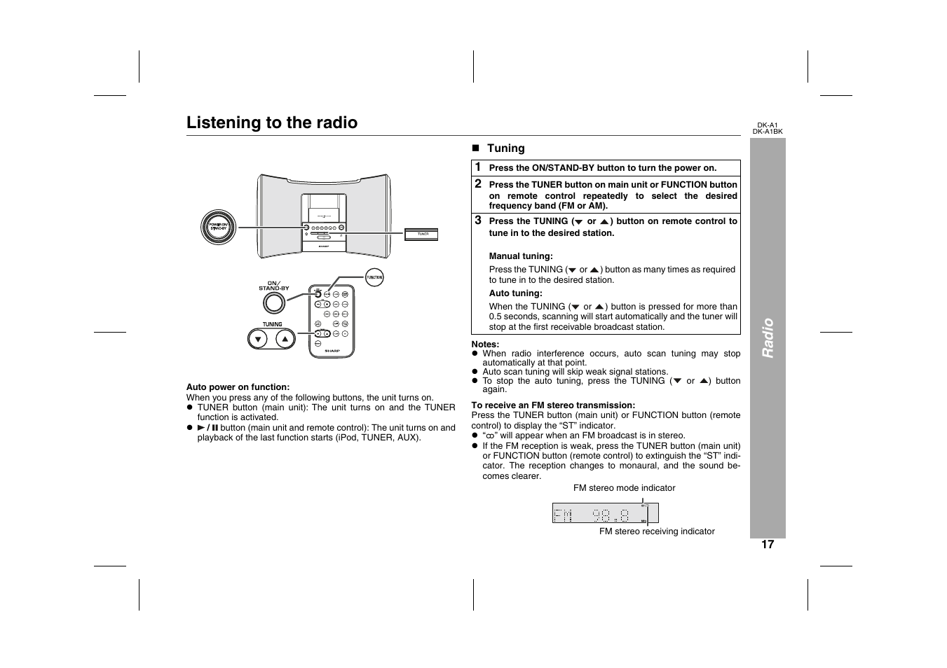 Radio, Listening to the radio, Graphic | N tuning, Table, Table body, Table row, 3 press the tuning, Manual tuning, Press the tuning | Sharp MUSIC SYSTEM DK-A1BK User Manual | Page 17 / 24