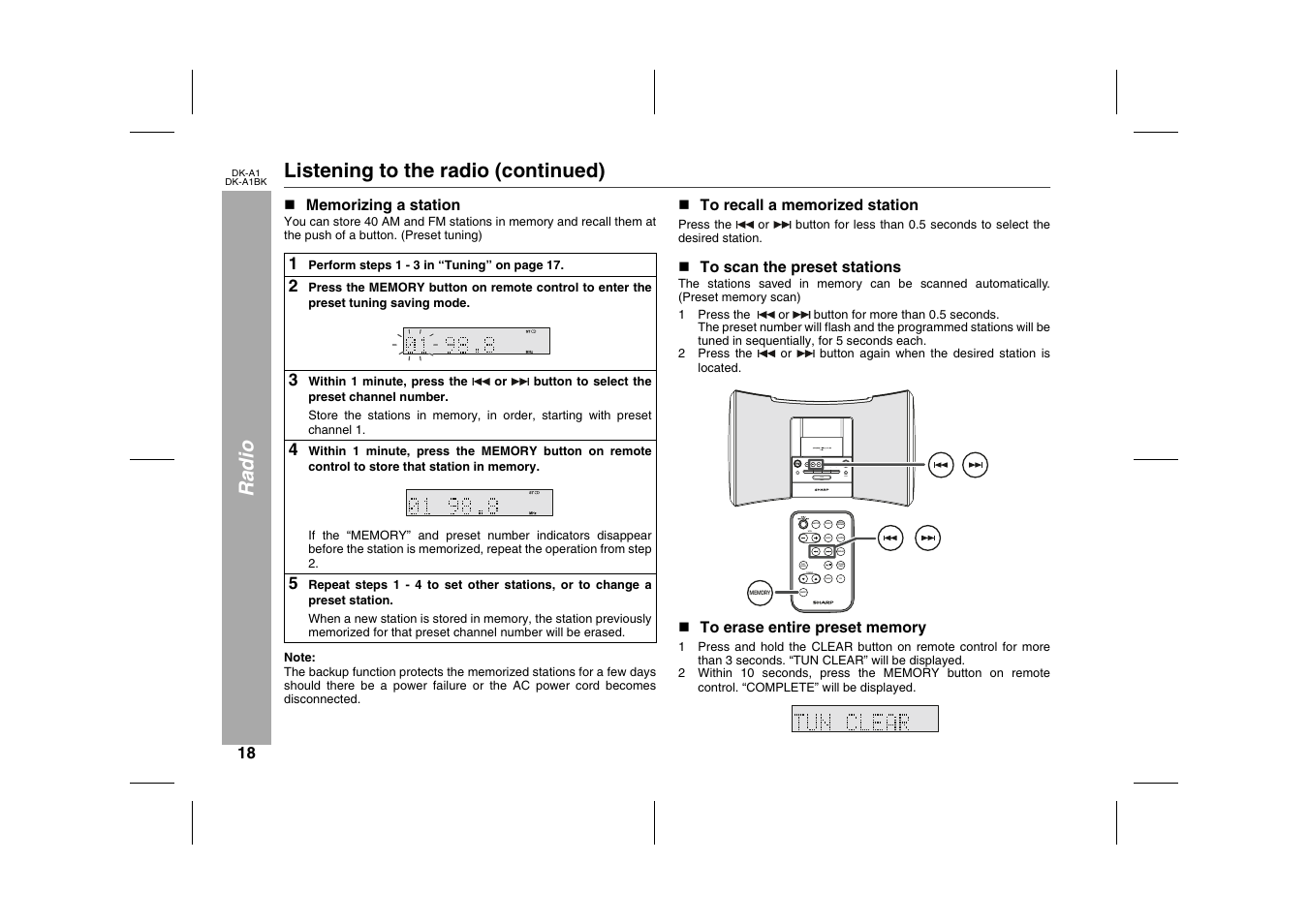 Radio, Listening to the radio (continued), N memorizing a station | Table, Table body, Table row, 3 within 1 minute, press the, N to recall a memorized station, Press the, N to scan the preset stations | Sharp MUSIC SYSTEM DK-A1BK User Manual | Page 18 / 24