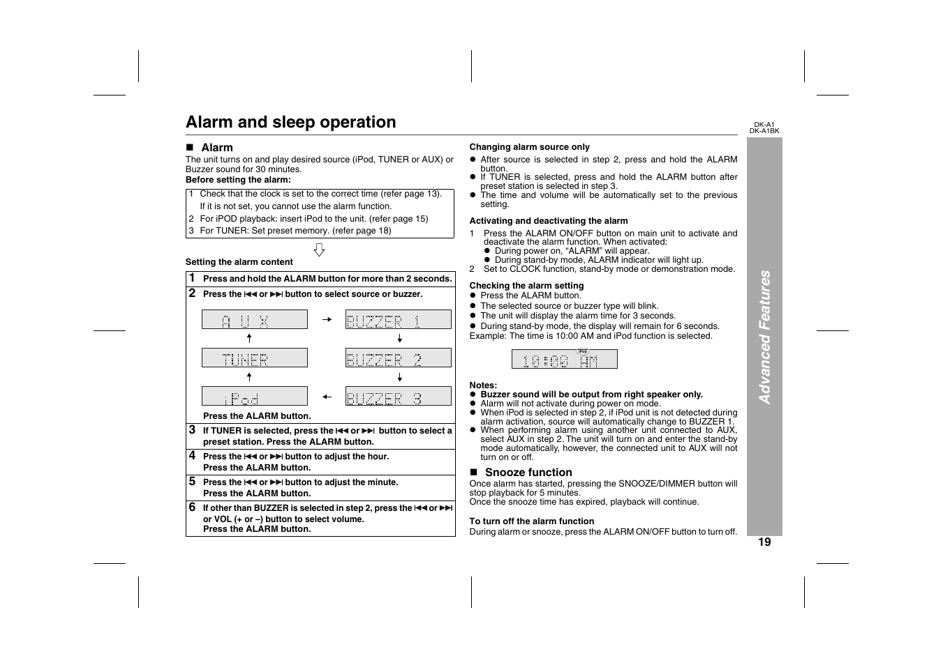 Advanced features, Alarm and sleep operation, N alarm | Table, Table body, Table row, Graphic, 2 press the or button to select source or buzzer, 2 press the, Press the alarm button | Sharp MUSIC SYSTEM DK-A1BK User Manual | Page 19 / 24