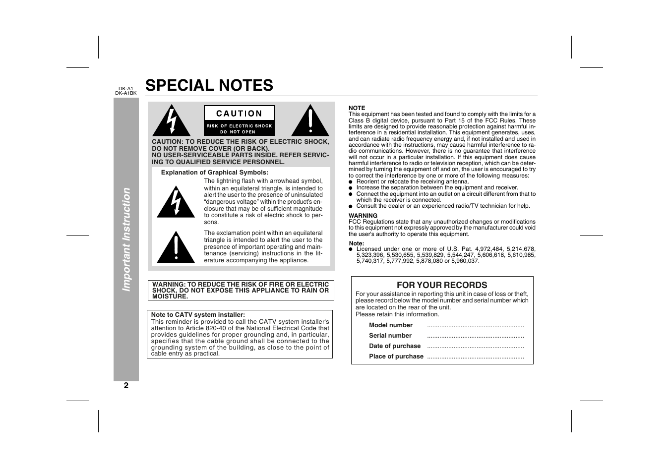 Important instruction, Special notes, Graphic | For your records | Sharp MUSIC SYSTEM DK-A1BK User Manual | Page 2 / 24