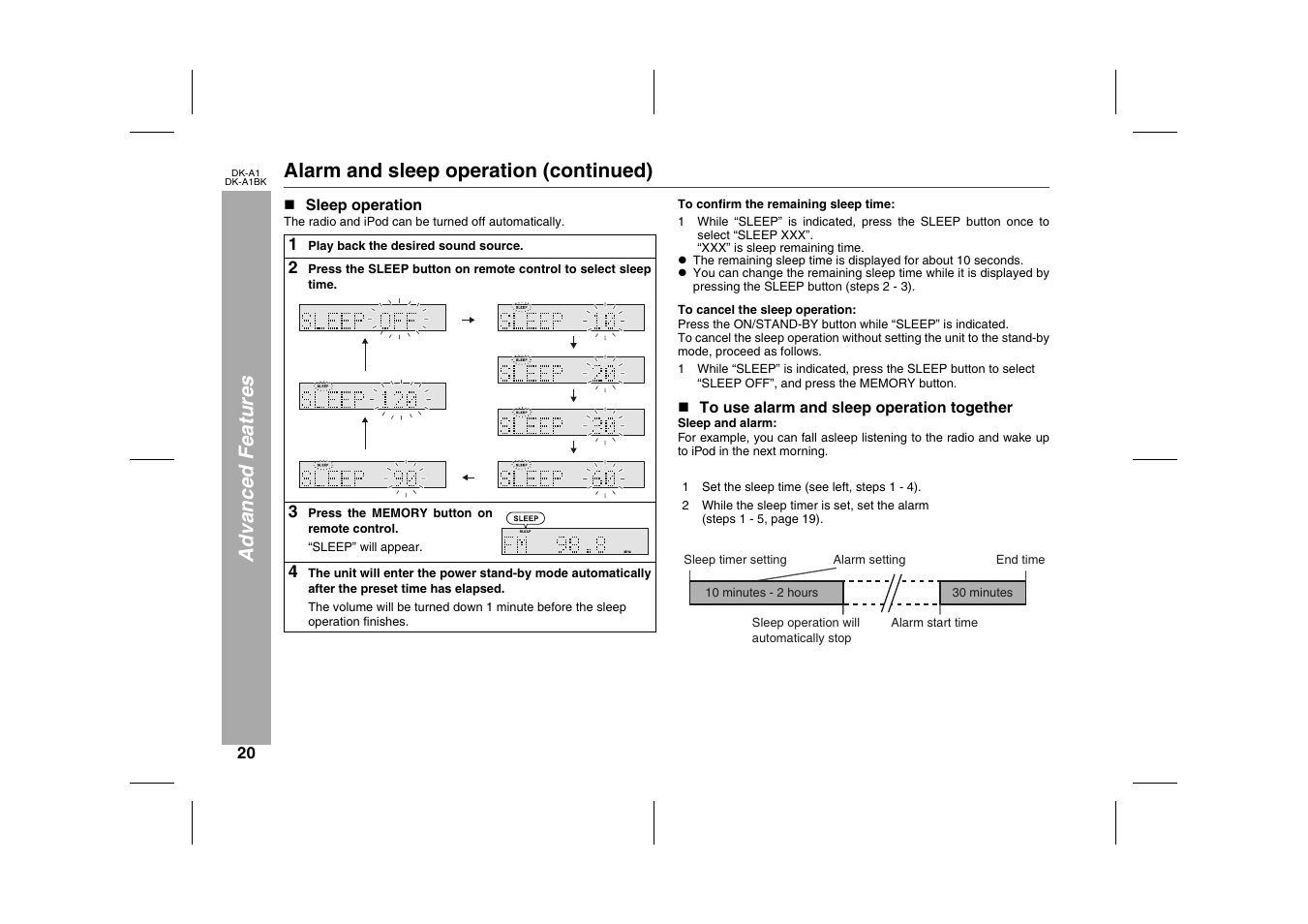 Advanced features, Alarm and sleep operation (continued), N sleep operation | The radio and ipod can be turned off automatically, Table, Table body, Table row, 1 play back the desired sound source, 3 press the memory button on remote control, Sleep” will appear | Sharp MUSIC SYSTEM DK-A1BK User Manual | Page 20 / 24