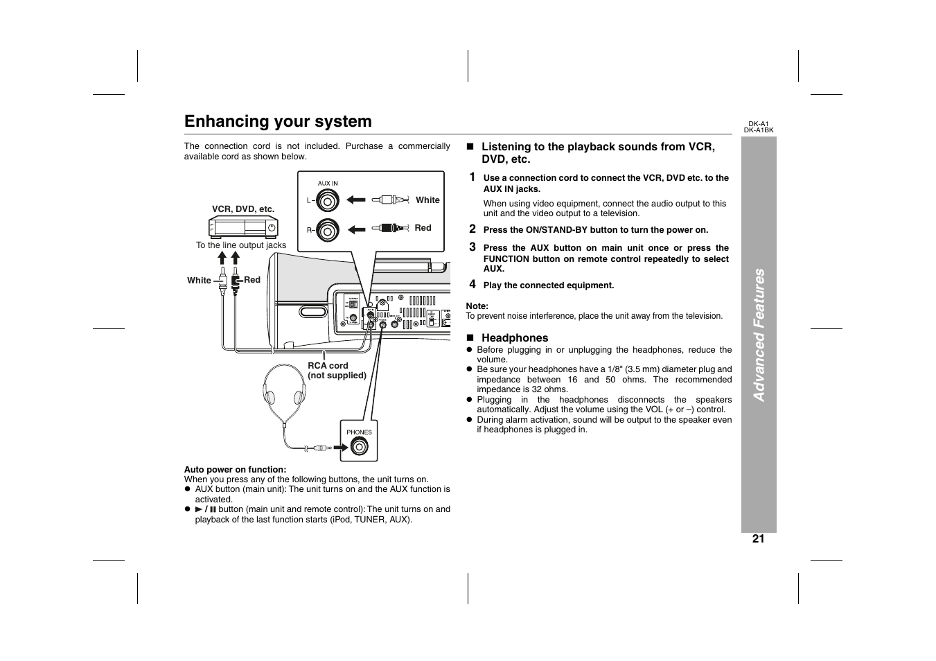 Advanced features, Enhancing your system, Graphic | Table, Table body, Table row, 4 play the connected equipment, N headphones | Sharp MUSIC SYSTEM DK-A1BK User Manual | Page 21 / 24