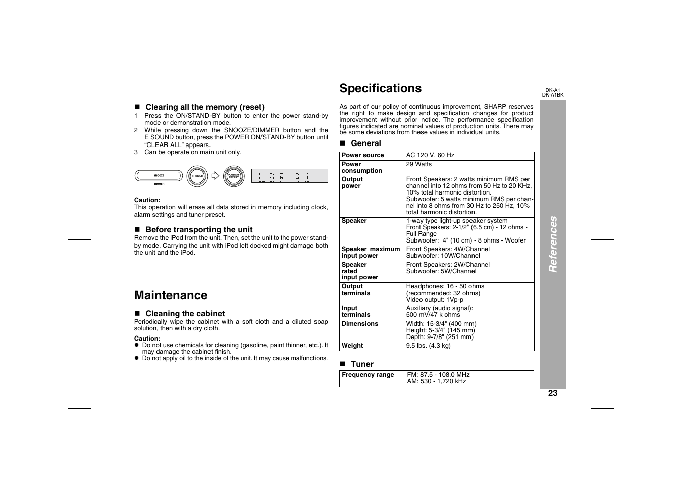 References, N clearing all the memory (reset), 3 can be operate on main unit only | Graphic, N before transporting the unit, Maintenance, N cleaning the cabinet, Specifications, N general, Table | Sharp MUSIC SYSTEM DK-A1BK User Manual | Page 23 / 24