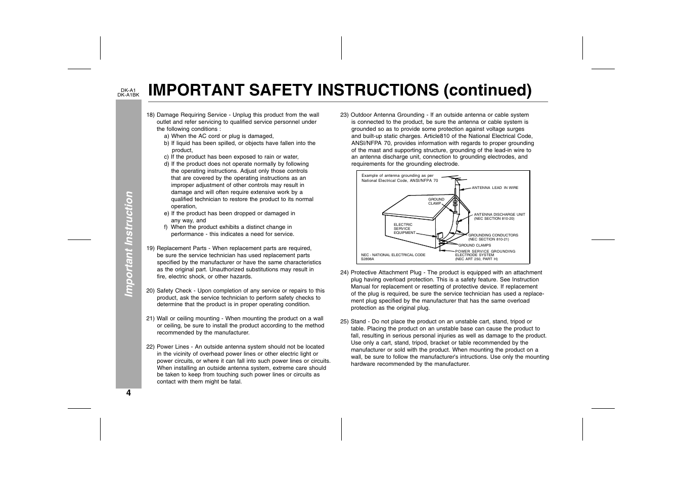 Important instruction, Important safety instructions (continued), Graphic | Sharp MUSIC SYSTEM DK-A1BK User Manual | Page 4 / 24