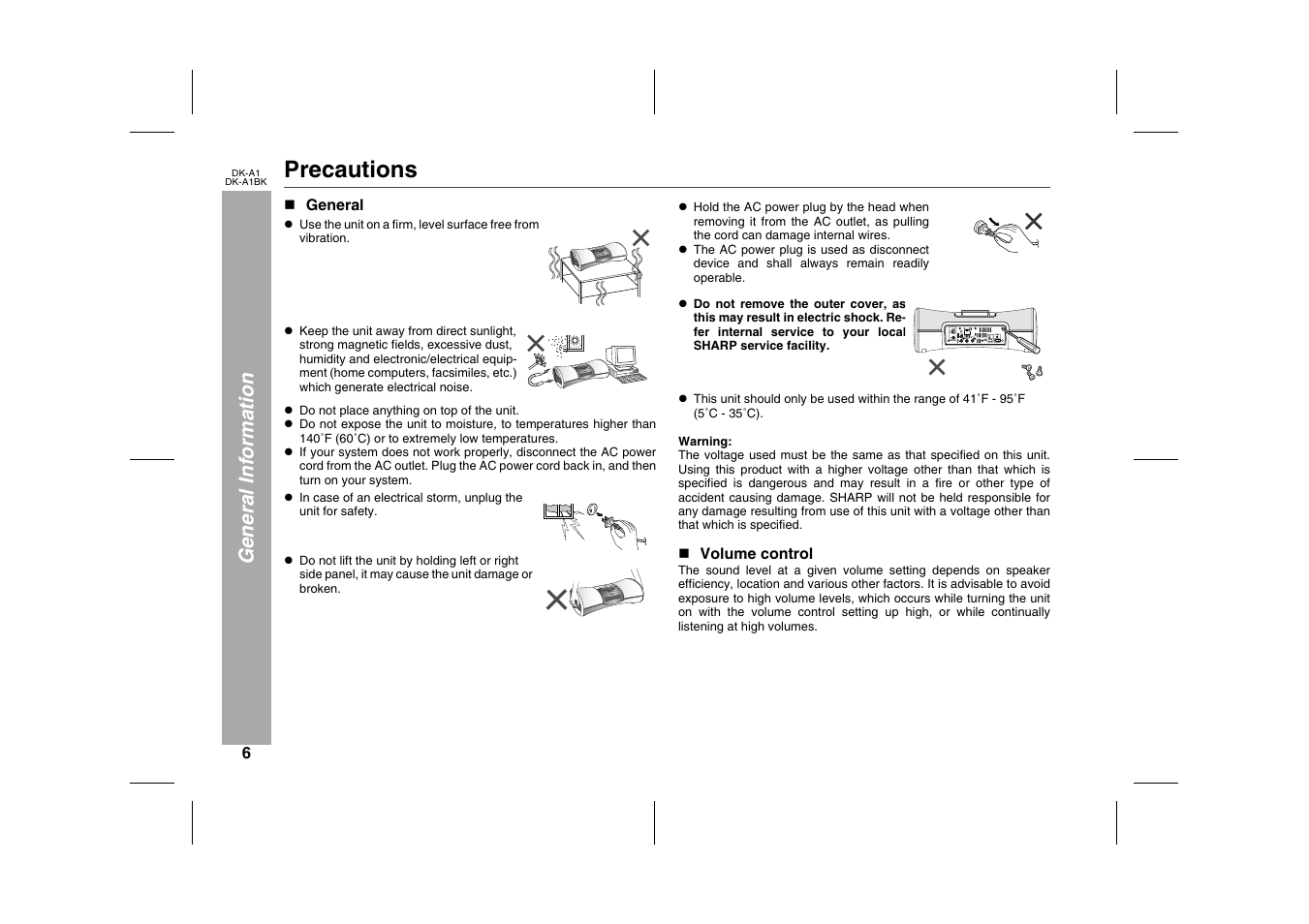 General information, Precautions, N general | Table, Table body, Table row, L do not place anything on top of the unit, N volume control | Sharp MUSIC SYSTEM DK-A1BK User Manual | Page 6 / 24